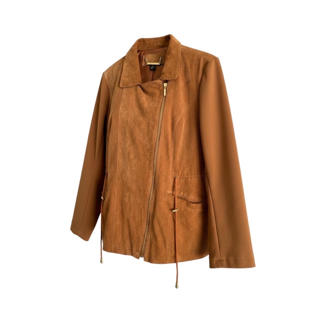 IMAN Global Chic Women Brown Suede Genuine Leather Moto Jacket Asymmetric Zip 2X - Picture 2 of 10